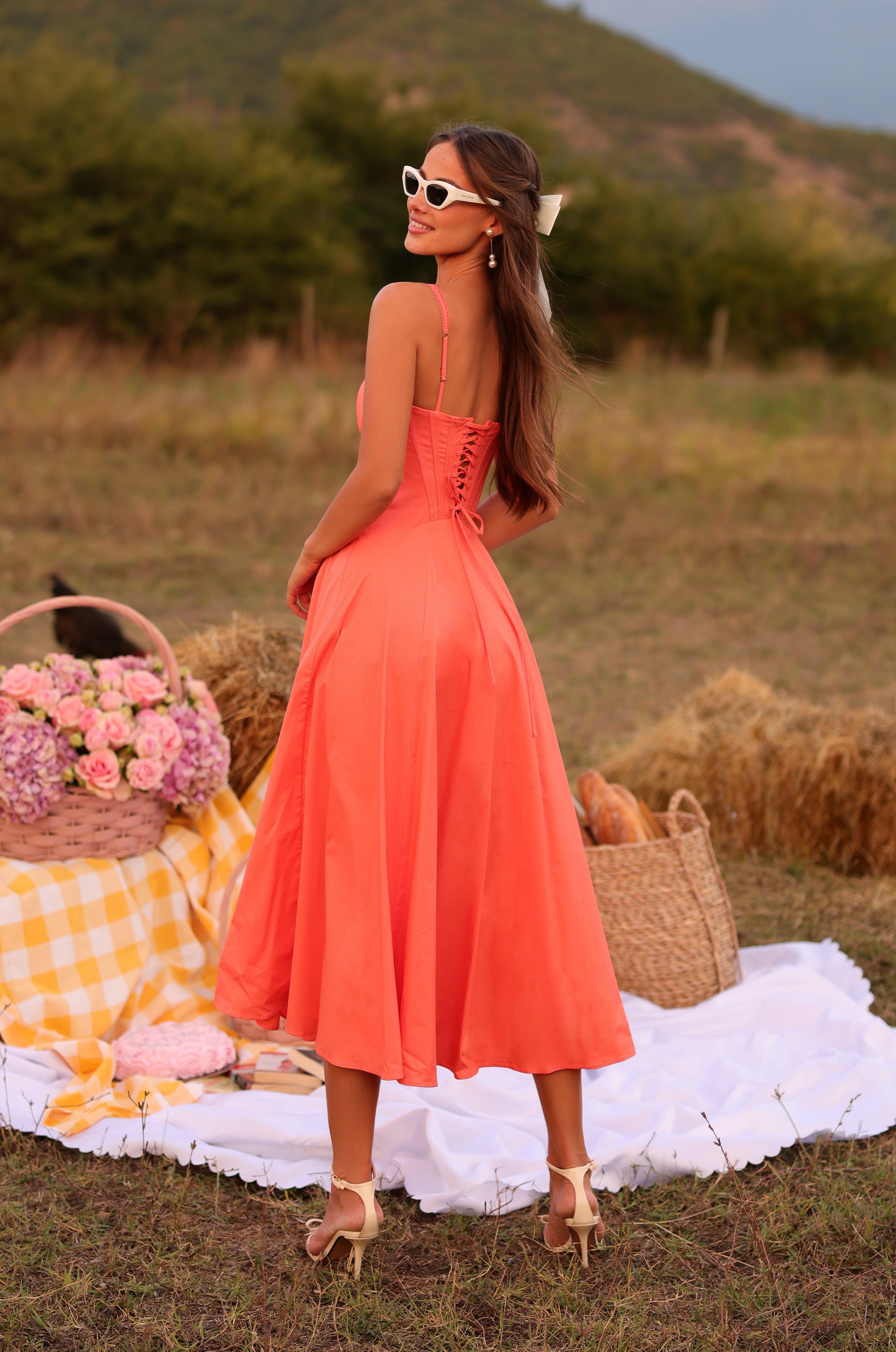 Papaya punch corset midi dress with sweetheart neckline